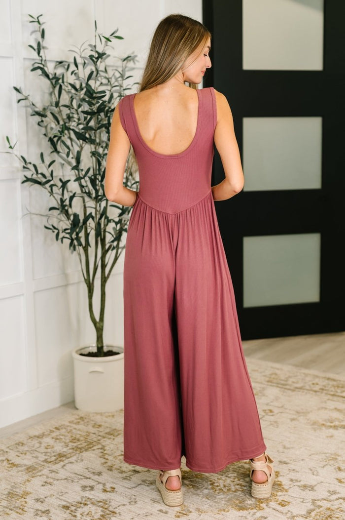 Head to Toe Gathered Wide Leg Jumpsuit in Mauve