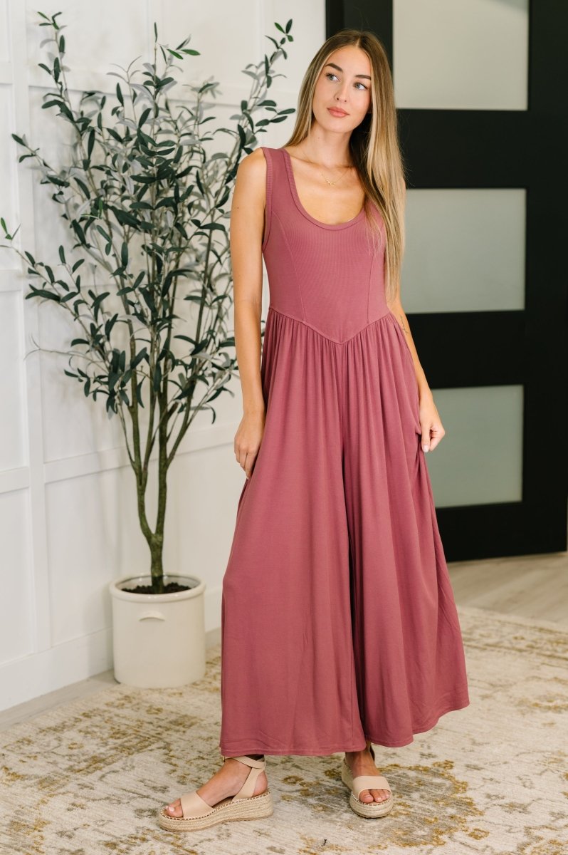 Head to Toe Gathered Wide Leg Jumpsuit in Mauve