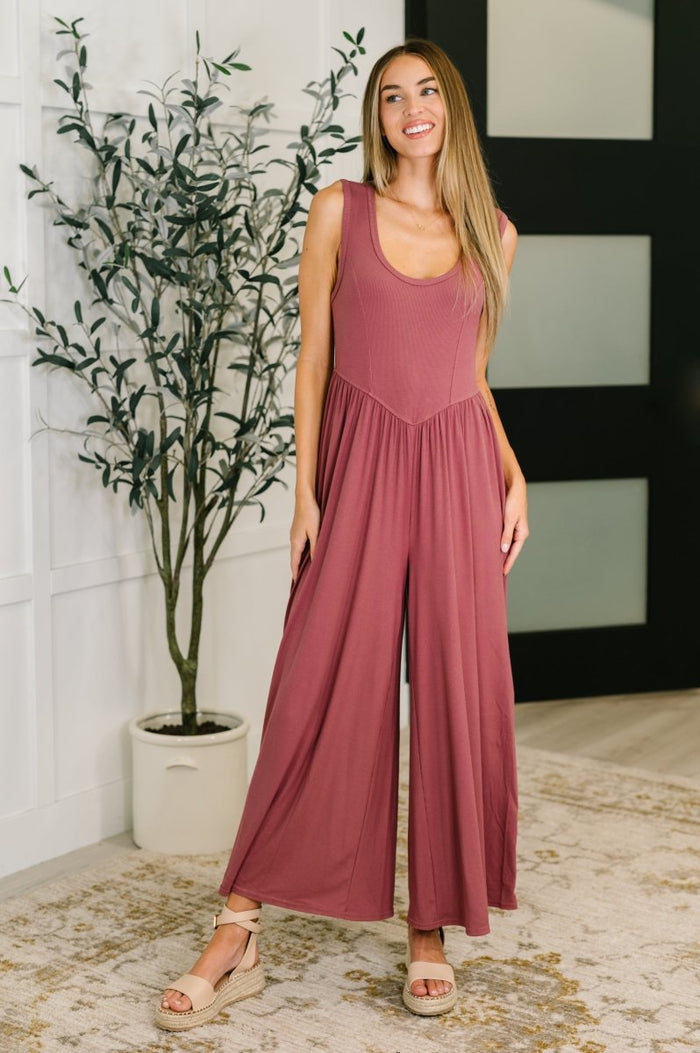 Head to Toe Gathered Wide Leg Jumpsuit in Mauve