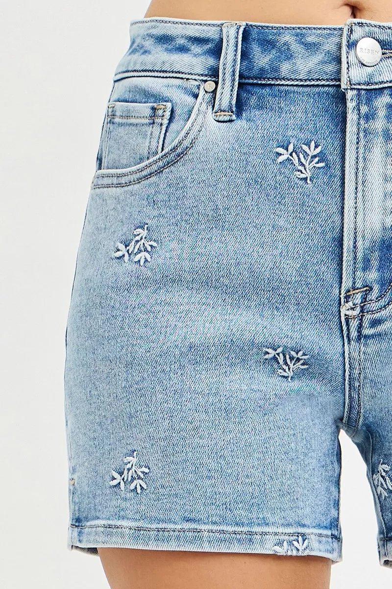 High Rise Denim Shorts with Embroidered Detail