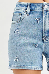 High Rise Denim Shorts with Embroidered Detail