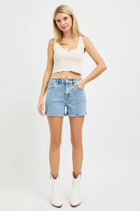 High Rise Denim Shorts with Embroidered Detail