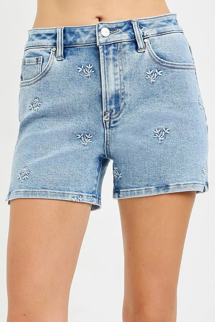 High Rise Denim Shorts with Embroidered Detail