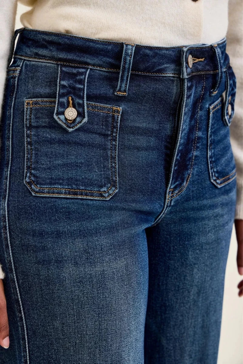 High Waist Wide Jeans with Front Patch Tab Closure