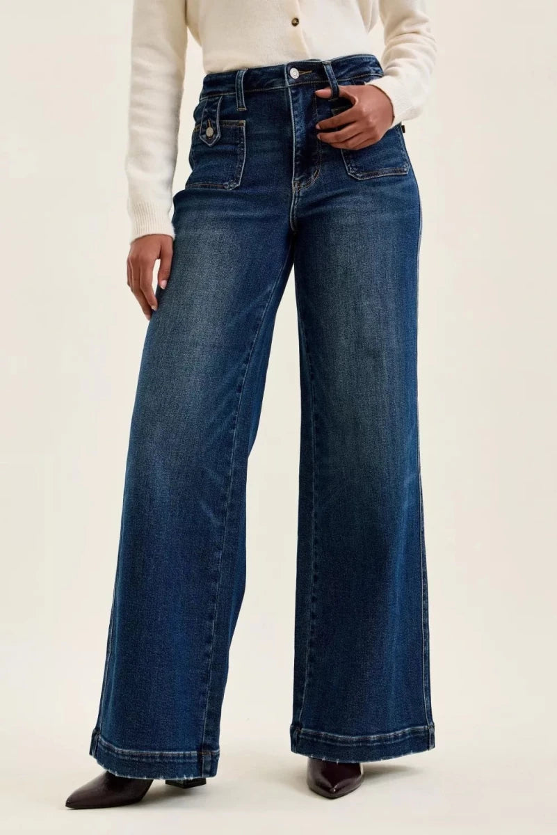 High Waist Wide Jeans with Front Patch Tab Closure