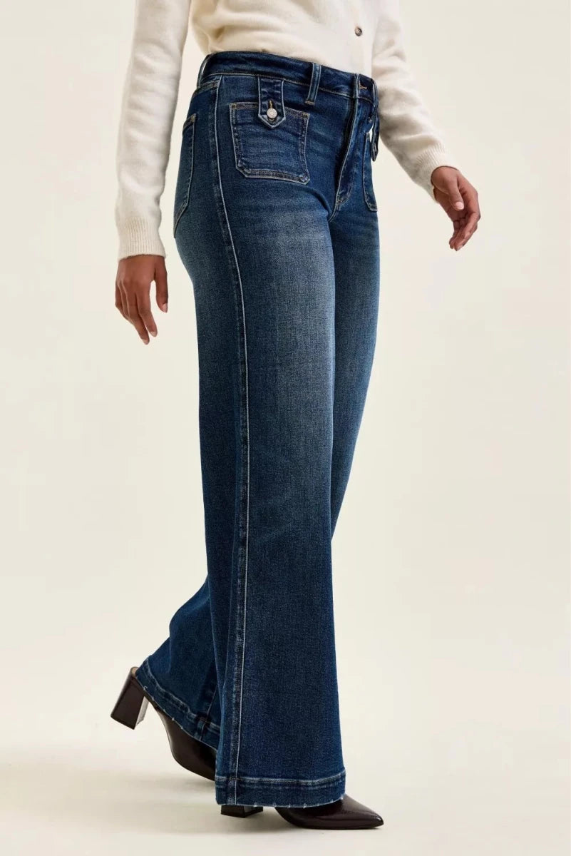 High Waist Wide Jeans with Front Patch Tab Closure