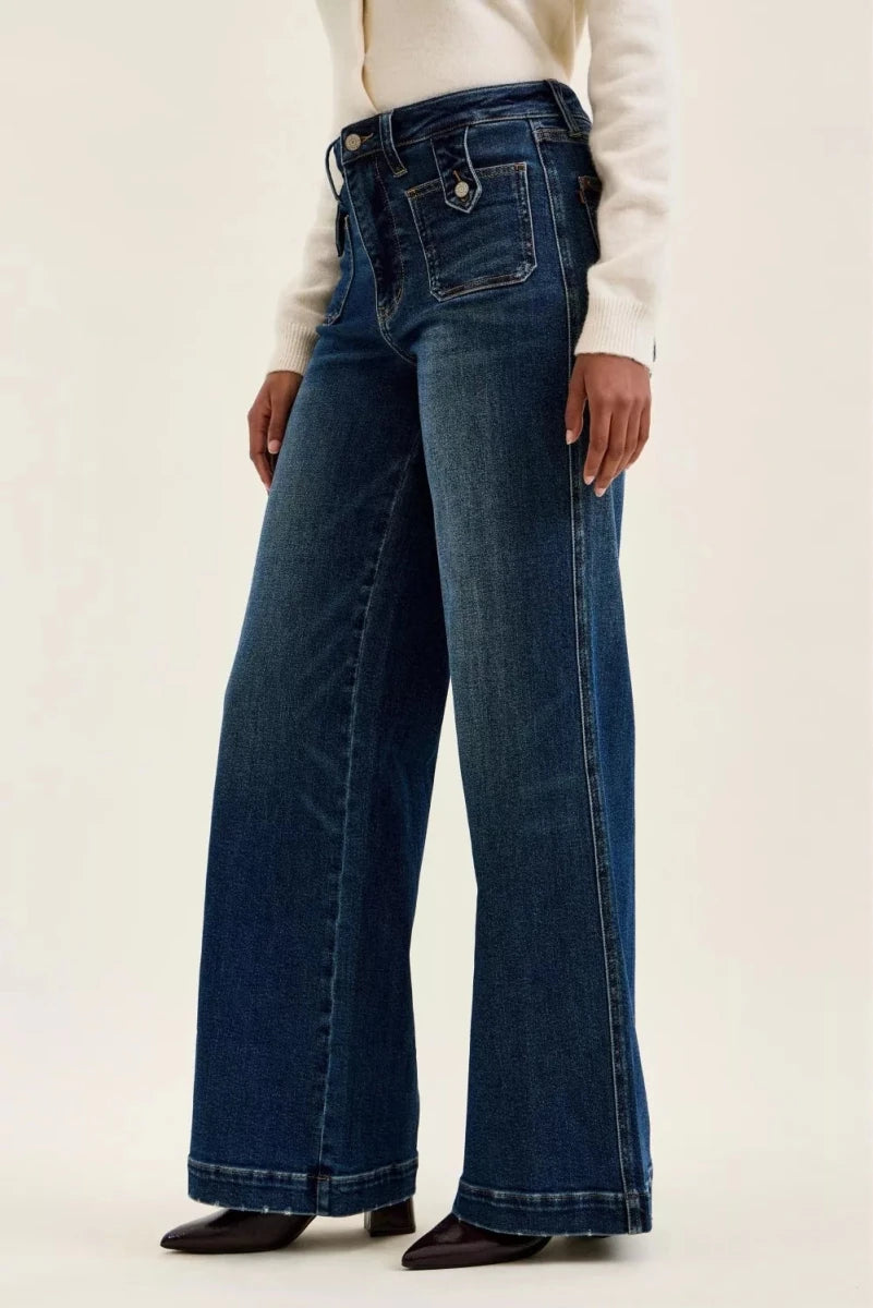 High Waist Wide Jeans with Front Patch Tab Closure