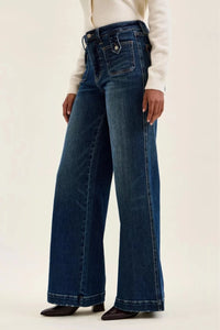 High Waist Wide Jeans with Front Patch Tab Closure