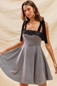 Houndstooth Fit Flare Mini Dress with Shoulder Tie