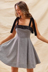 Houndstooth Fit Flare Mini Dress with Shoulder Tie