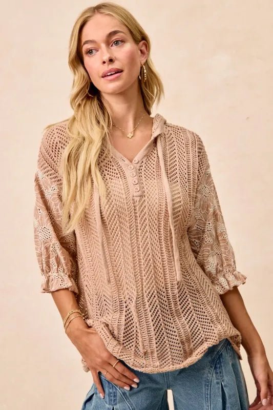 Jacquard Flower Puff Sleeve Hooded Knit Top