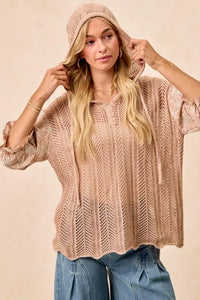 Jacquard Flower Puff Sleeve Hooded Knit Top