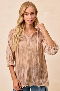Jacquard Flower Puff Sleeve Hooded Knit Top