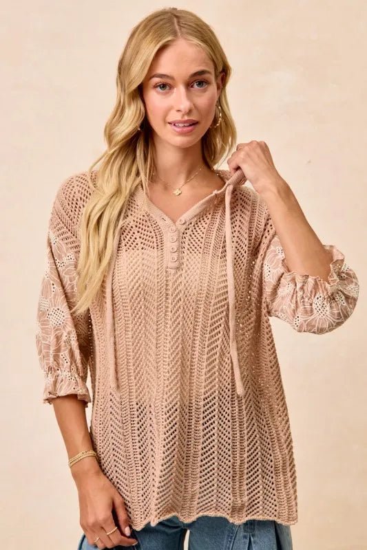 Jacquard Flower Puff Sleeve Hooded Knit Top