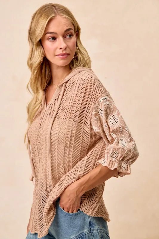 Jacquard Flower Puff Sleeve Hooded Knit Top