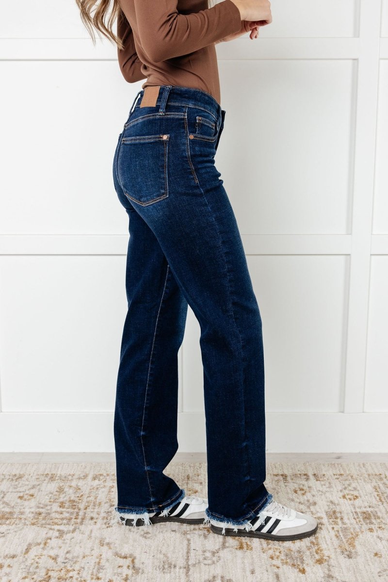 Jacqueline Mid Rise Frayed Hem Straight Leg Jean