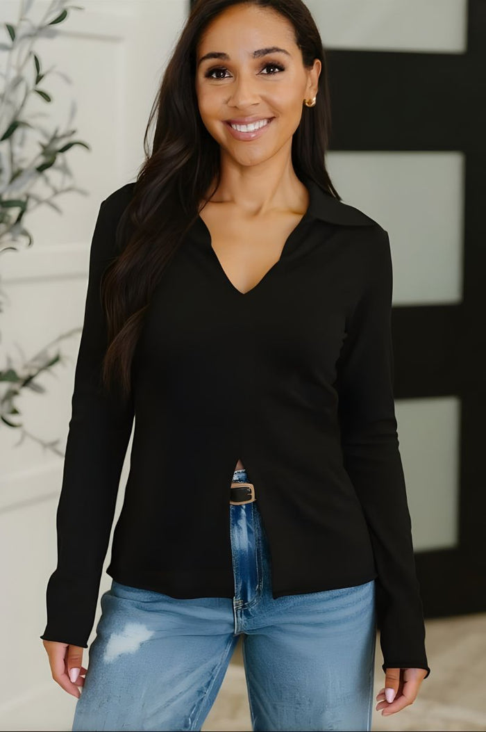 Jade Front Slit Collared Sweater