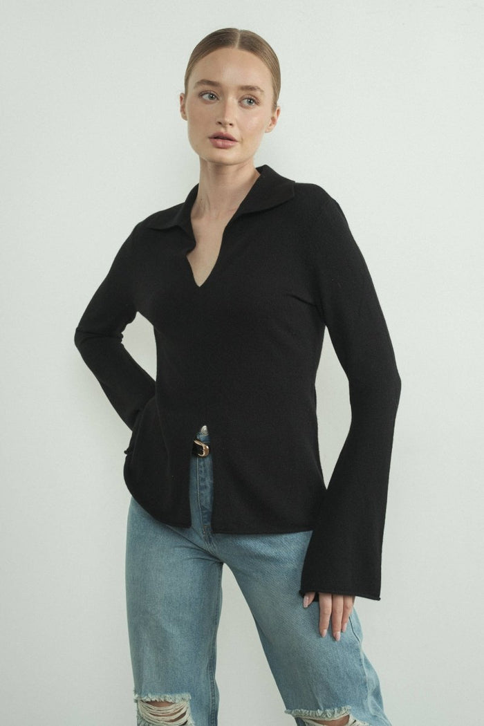 Jade Front Slit Collared Sweater - Minnie's Treasure Boutique