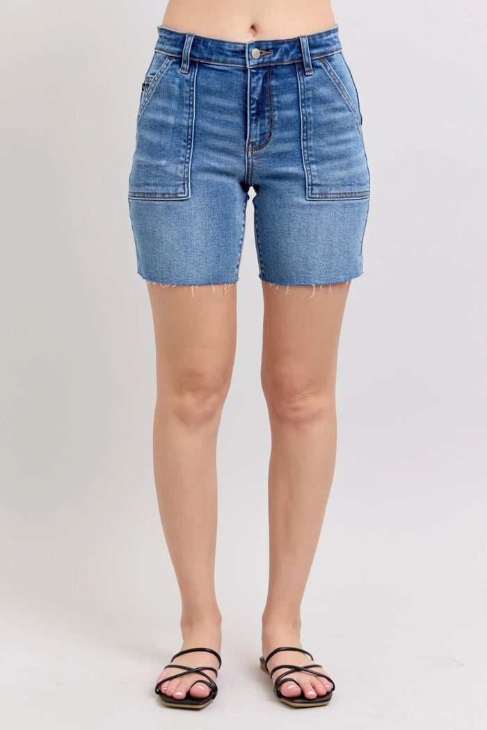 Judy Blue Mid Rise Bermudas Denim Shorts W/ Back Flap Pockets