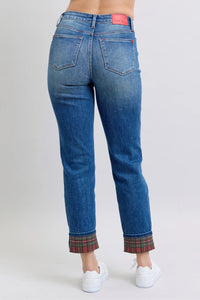 Judy Blue Plaid Print Cuff Bf Jeans