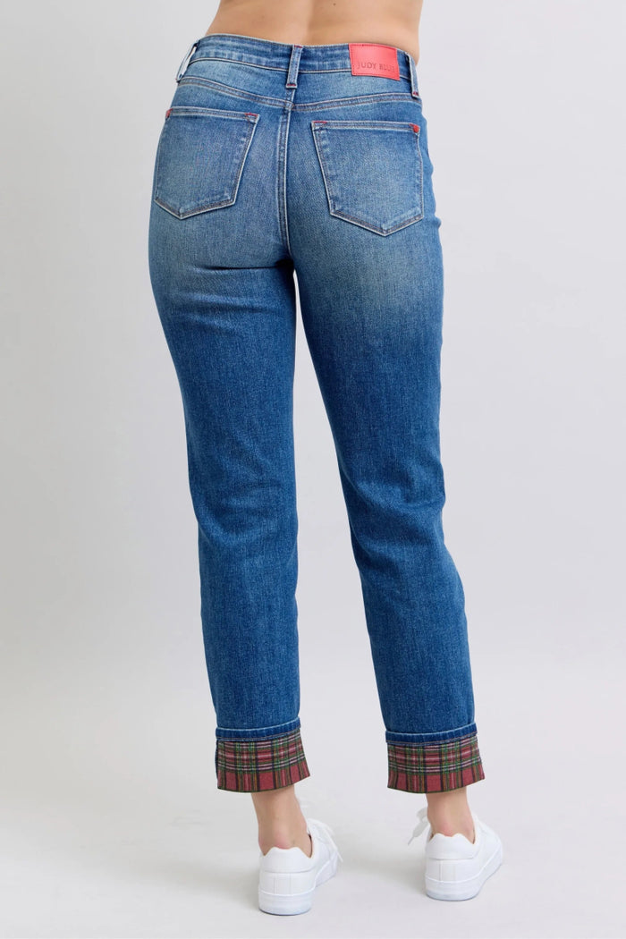 Judy Blue Plaid Print Cuff Bf Jeans