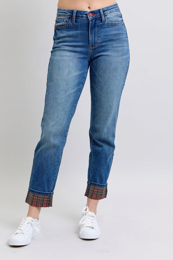 Judy Blue Plaid Print Cuff Bf Jeans