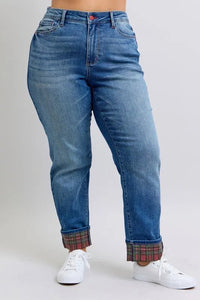 Judy Blue Plaid Print Cuff Bf Jeans