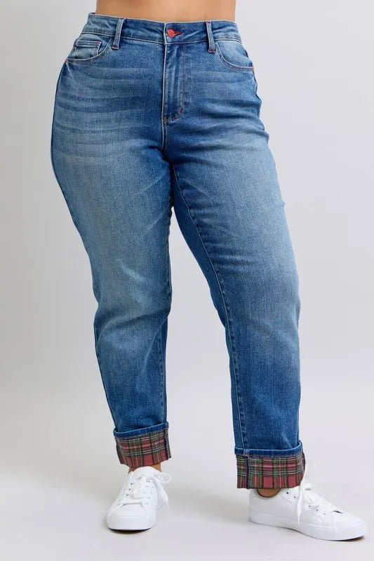 Judy Blue Plaid Print Cuff Bf Jeans