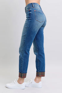 Judy Blue Plaid Print Cuff Bf Jeans