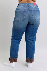 Judy Blue Plaid Print Cuff Bf Jeans