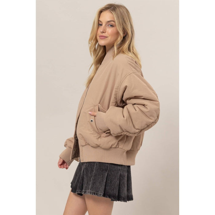 Keep It Warm Bomber Puffer Jacket - Beige
