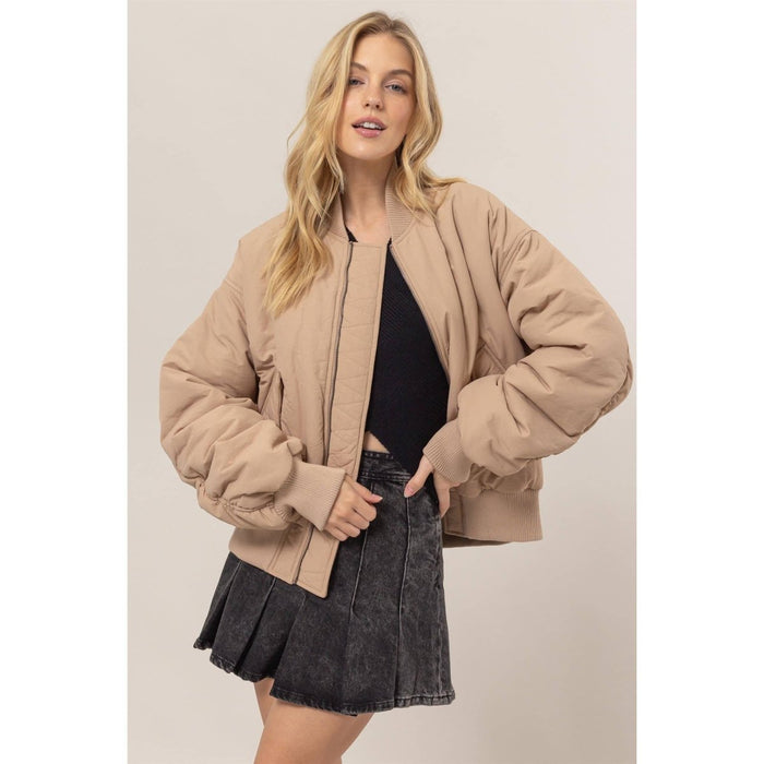 Keep It Warm Bomber Puffer Jacket - Beige