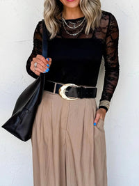 Lace Crochet Mesh Patched Slim Fit Long Sleeve Top
