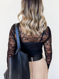 Lace Crochet Mesh Patched Slim Fit Long Sleeve Top