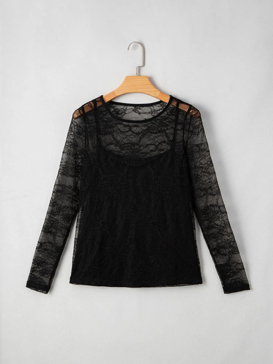 Lace Crochet Mesh Patched Slim Fit Long Sleeve Top