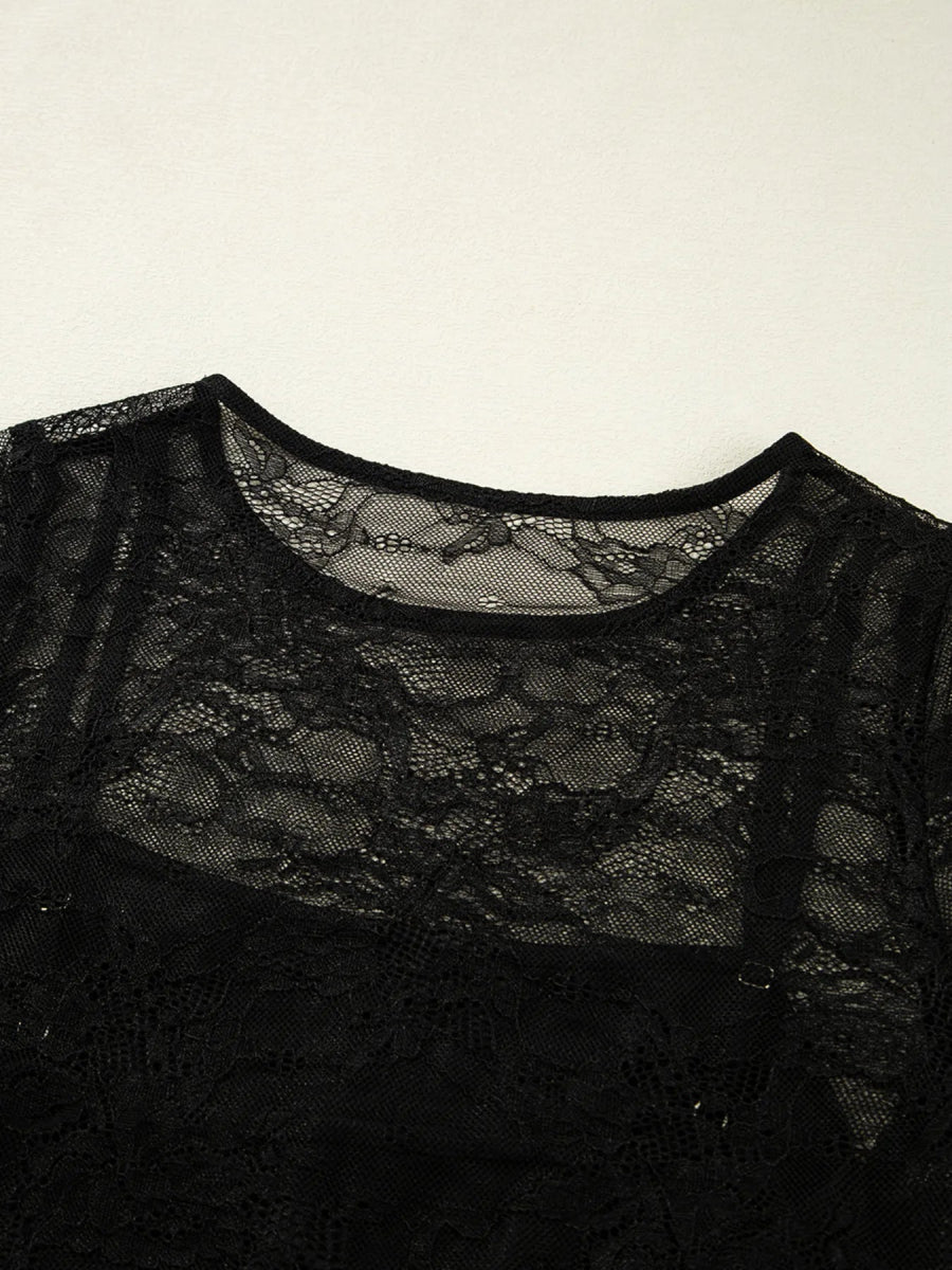 Lace Crochet Mesh Patched Slim Fit Long Sleeve Top