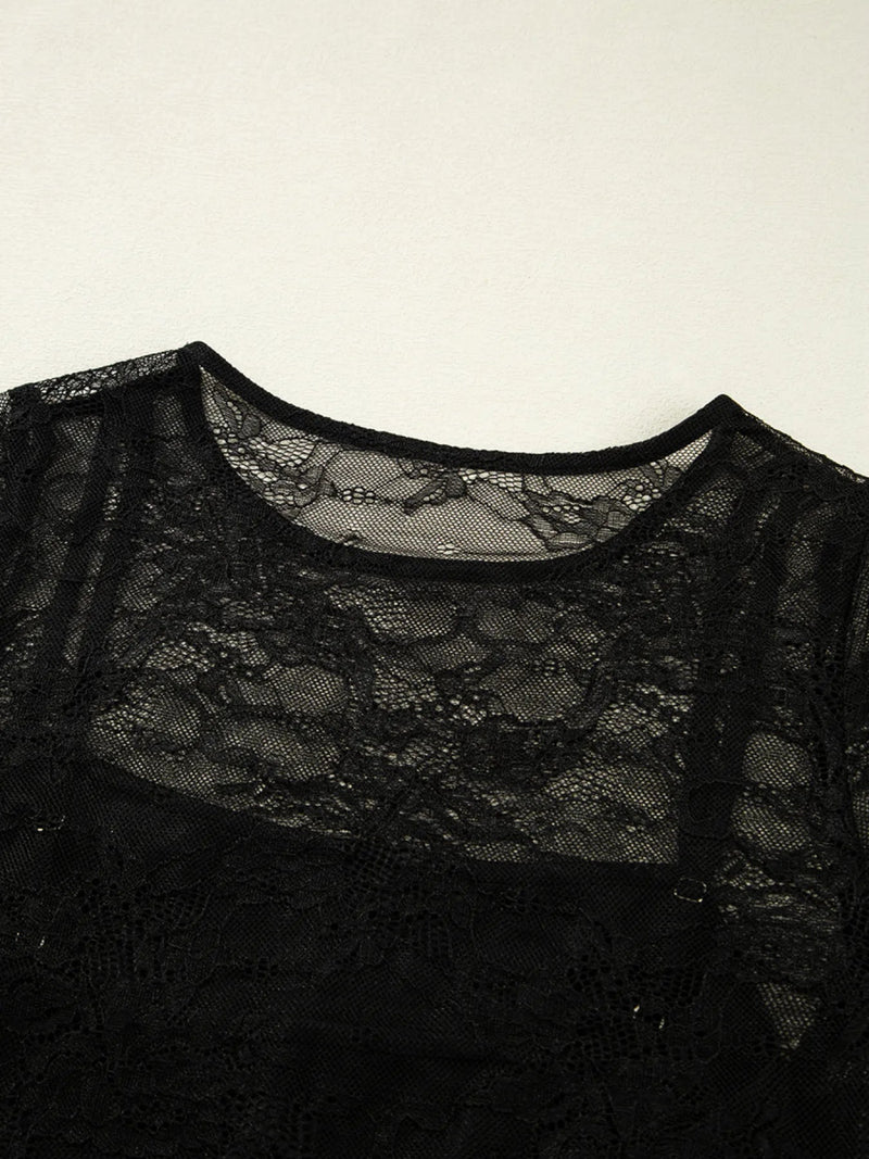 Lace Crochet Mesh Patched Slim Fit Long Sleeve Top