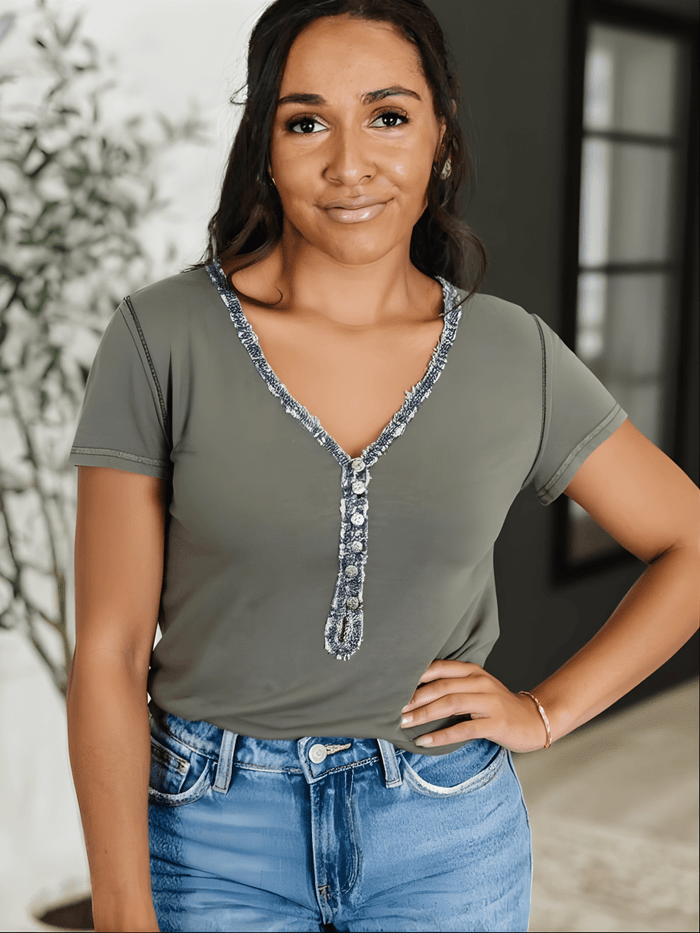 Lace Trim Button Up Short Sleeve Top