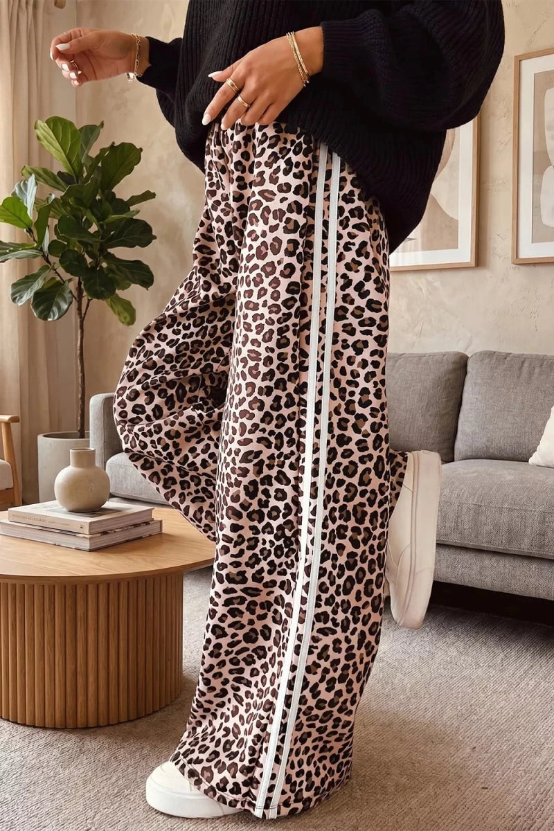 Leopard Print Side Striped Detail Casual Wide Leg Pants