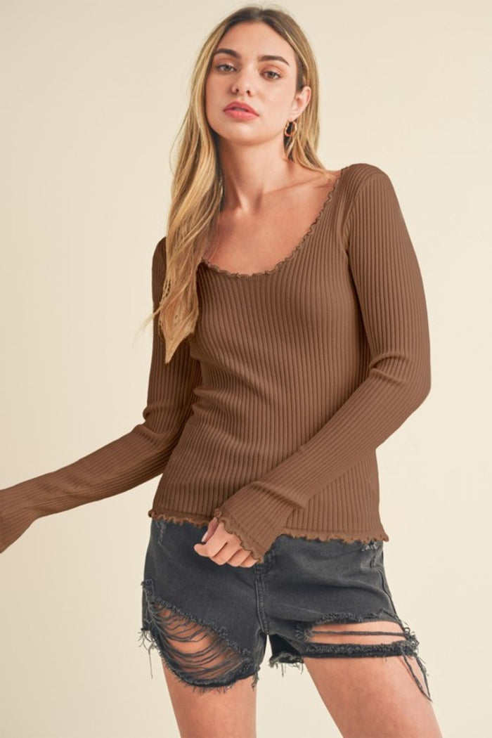 Lettuce Hem Scoop Neck Long Sleeve Knit Top - Minnie's Treasure Boutique