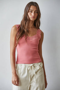 Light Cherry Ribbed Lance Trim Tank Top