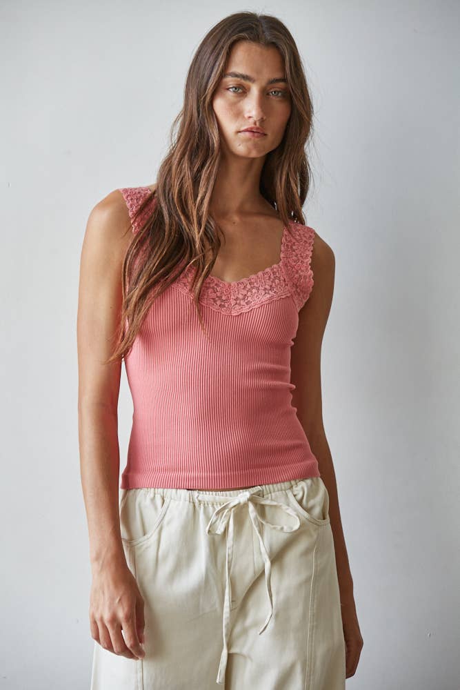 Light Cherry Ribbed Lance Trim Tank Top