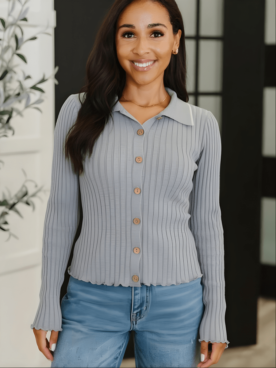 Lila Gray Self Button Ribbed Knit Sweater