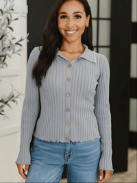 Lila Gray Self Button Ribbed Knit Sweater