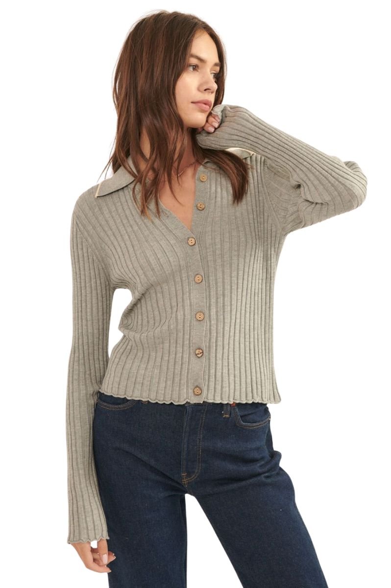 Lila Gray Self Button Ribbed Knit Sweater