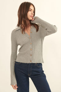 Lila Gray Self Button Ribbed Knit Sweater