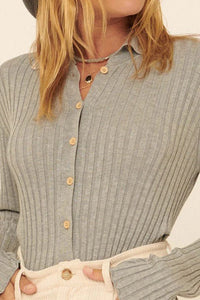 Lila Gray Self Button Ribbed Knit Sweater