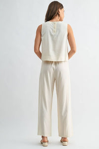 Linen Blend Elastic Waist Button Front Pants