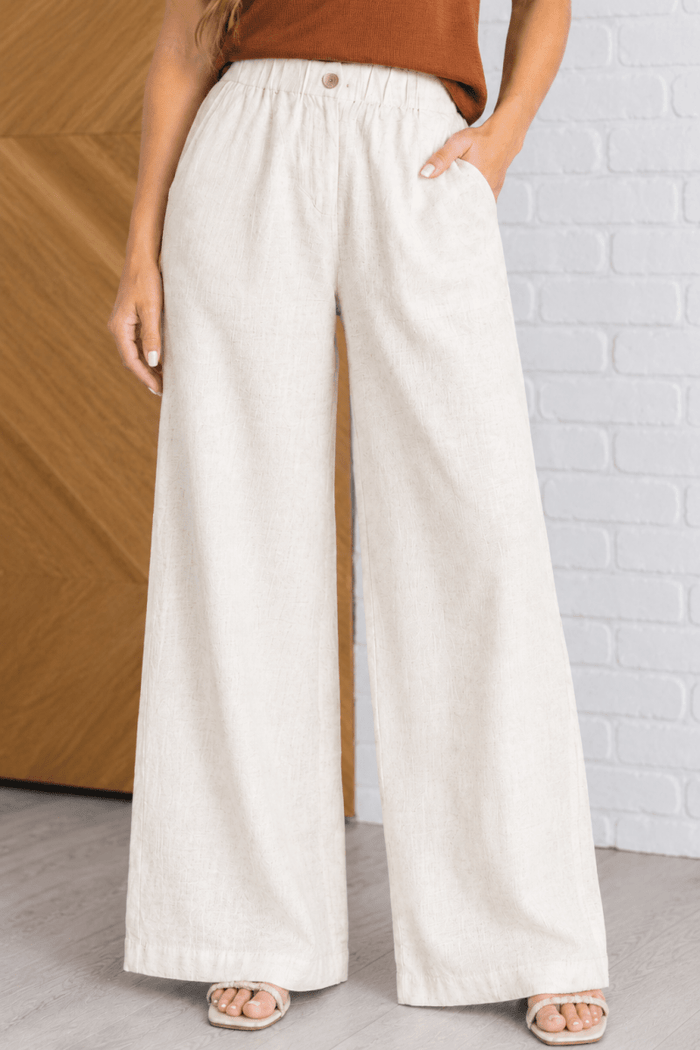 Linen Blend Elastic Waist Button Front Pants