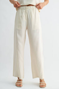 Linen Blend Elastic Waist Button Front Pants